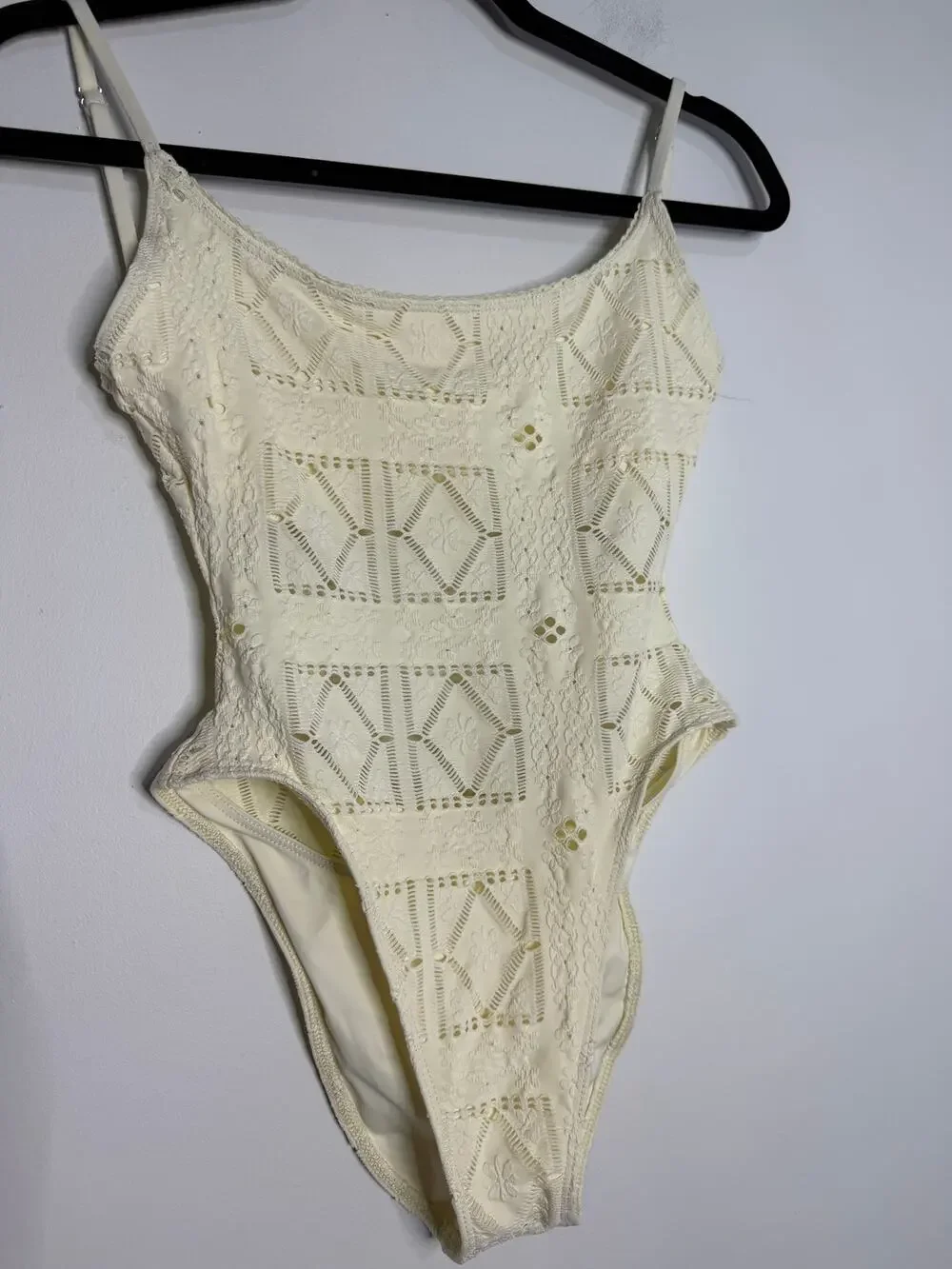 Frankies Bikinis Juliet one-piece swimsuit cream-colored patchwork eyelet design